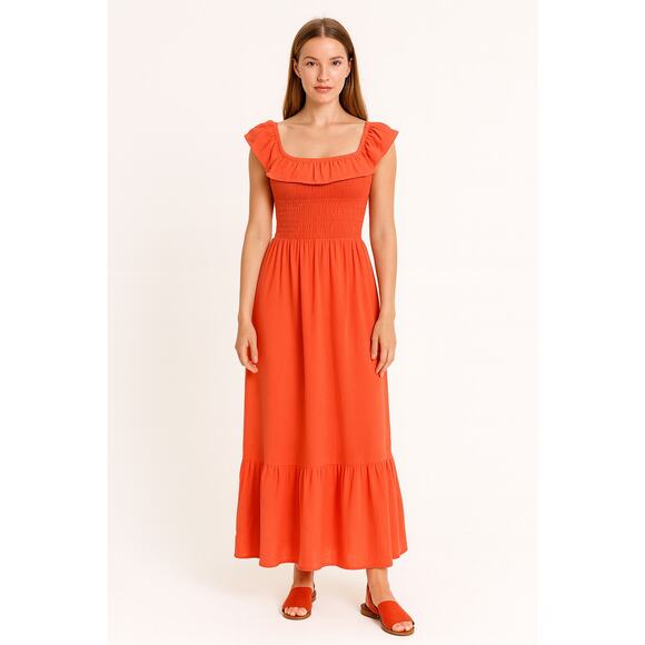 Monteau Los Angeles Women’s Orange Ruffle Smocked Bodice Maxi Dress -Size Small - Picture 1 of 5
